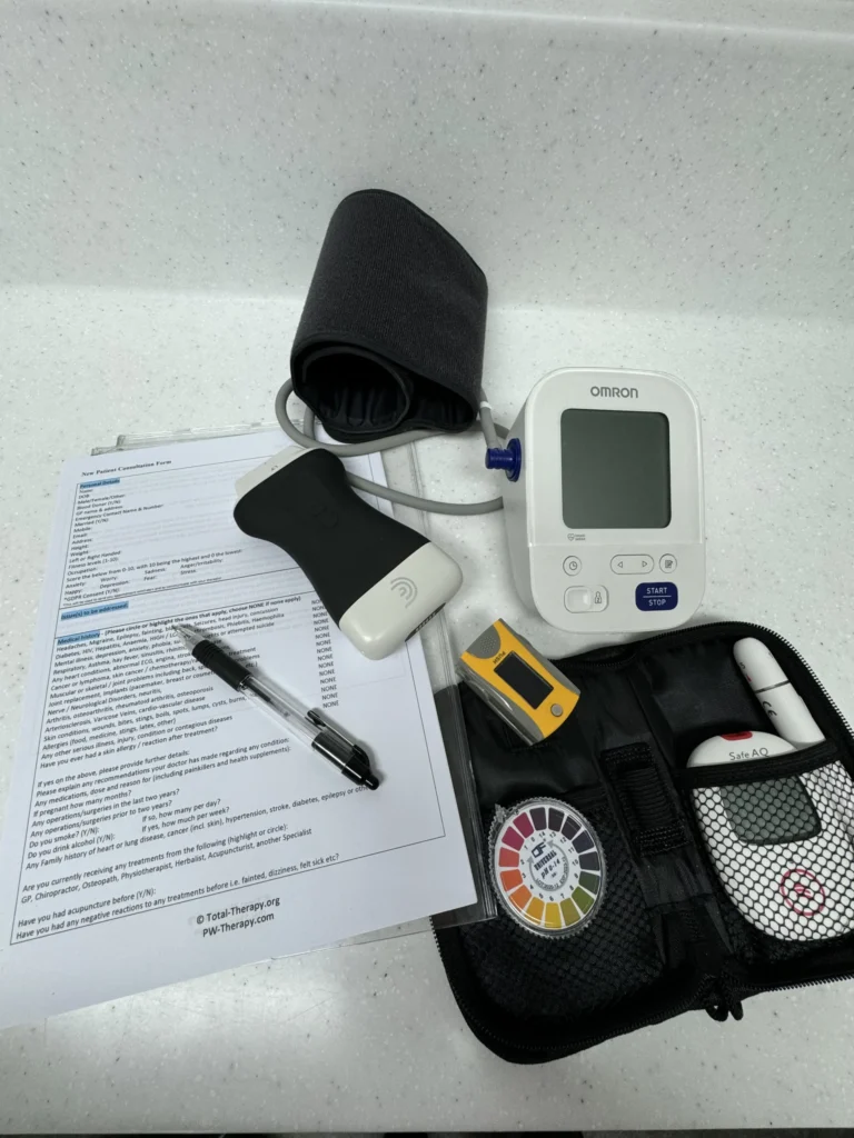 Consultation form, Ultrasound, blood pressure monitor, SP02 monitor, PH strips, blood sugar monitor.